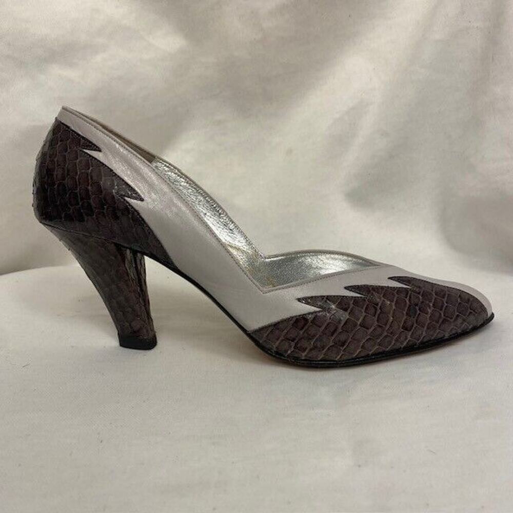 Vintage 80s PANCALDI  Womens 7 Snakeskin Heels Pumps Gray White